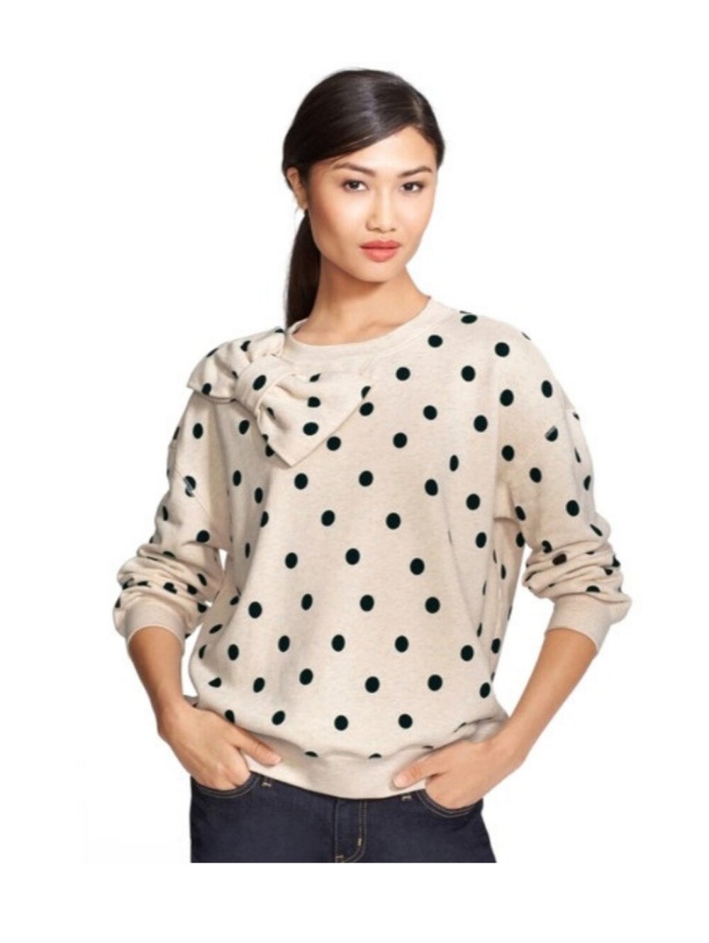 kate spade Cream Polka Dot Crewneck Sweater with Shoulder Bow